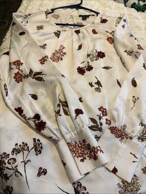 Ann Taylor Ivory Floral Long-Sleeve Blouse with Burgundy and Brown Accents